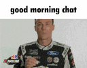 a man in a racing suit is eating food and says good morning chat .