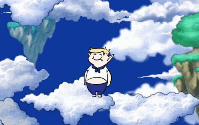 a cartoon character standing in the clouds with a smile on his face
