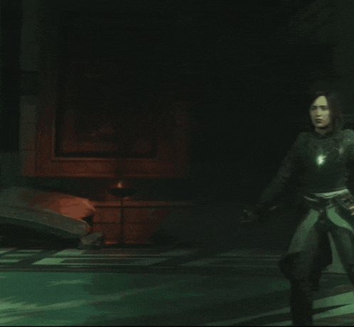 a woman is standing in a dark room with a ghost in the background