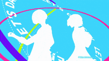 a man and a woman are dancing in front of a blue background that says dance