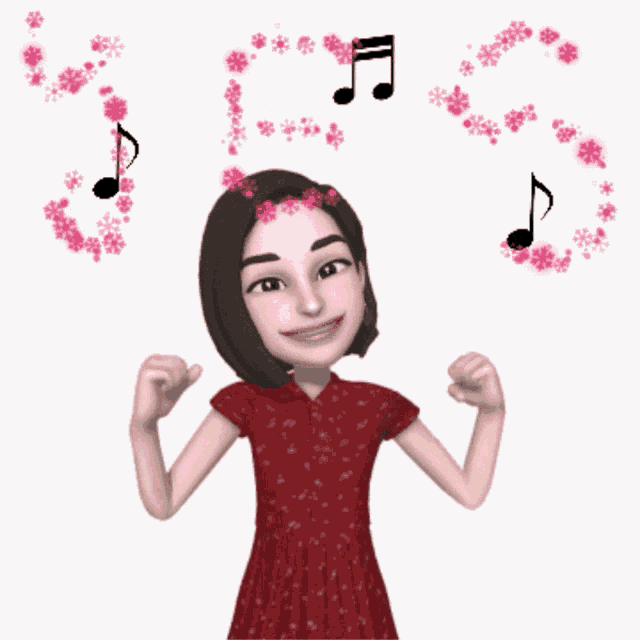 a cartoon woman in a red dress is surrounded by pink flowers and music notes