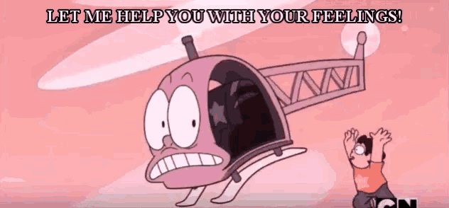 a cartoon character is flying in the air with the words let me help you with your feelings