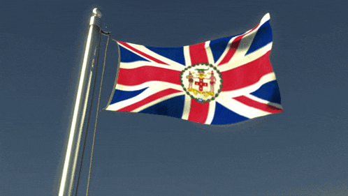 a red white and blue flag with a coat of arms on it