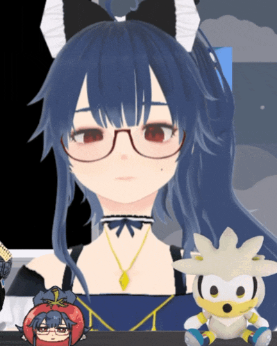 a girl with blue hair and glasses is next to a stuffed animal
