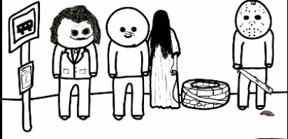 a black and white drawing of a joker jason voorhees and a shrine maiden