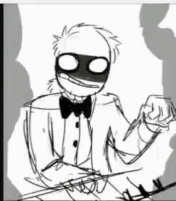 a black and white drawing of a man in a suit and bow tie holding a sword .