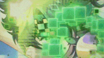 a cartoon character is surrounded by green squares and a blue sky