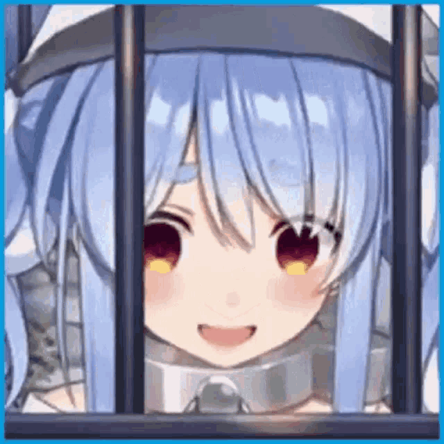 a close up of a girl with blue hair behind bars .