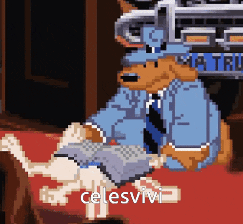 a pixel art of a police officer holding a dog with celesvivi written below him