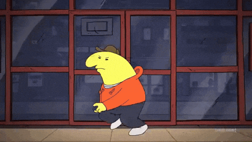 a yellow cartoon character with the letter b on his chest