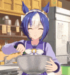 a blue haired anime character is mixing something in a metal bowl