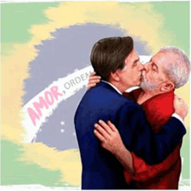 two men kissing in front of a banner that says amor ordem