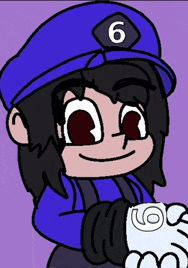 a cartoon character wearing a blue hat with a number 6 on it