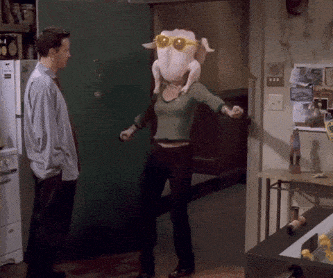 a woman wearing sunglasses and a turkey head stands in a kitchen