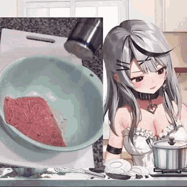 a girl is standing in a kitchen next to a bowl of meat and a bowl of ground beef .