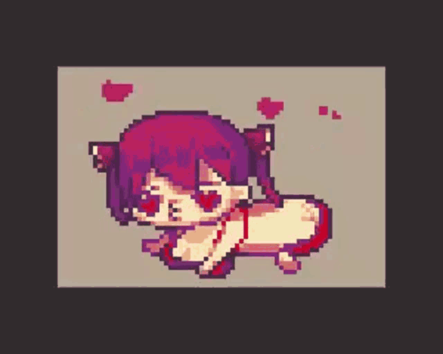 a pixel art drawing of a girl with purple hair and red eyes