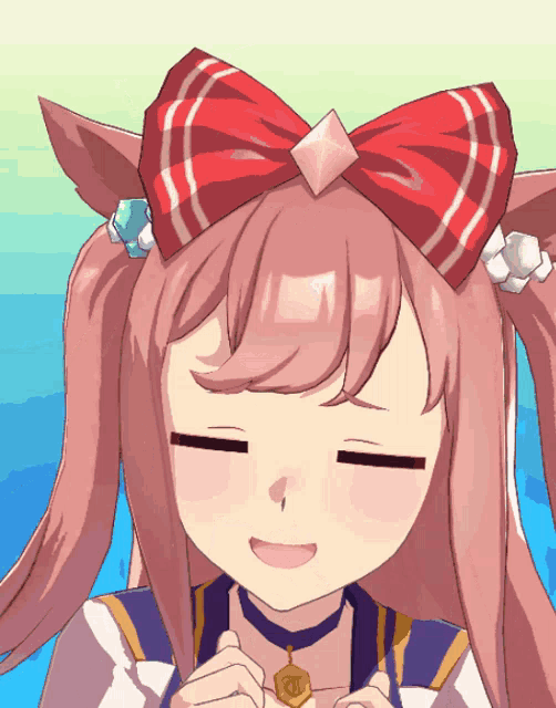 a close up of a cartoon character with a red bow on her head