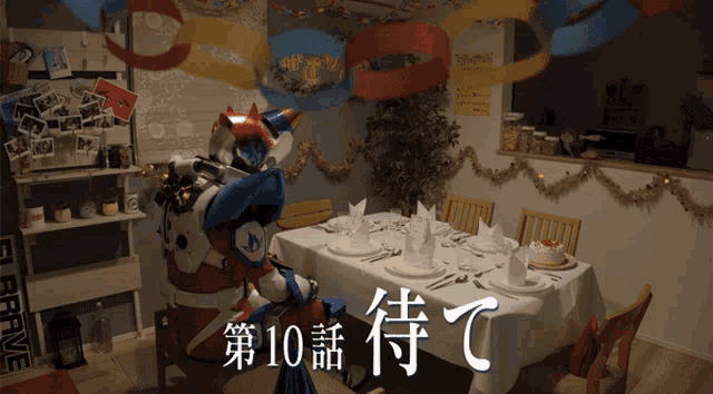 a robot is sitting at a table with plates and napkins and a sign that says " believe "