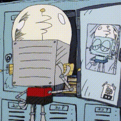 a cartoon drawing of a robot with a light bulb on its head