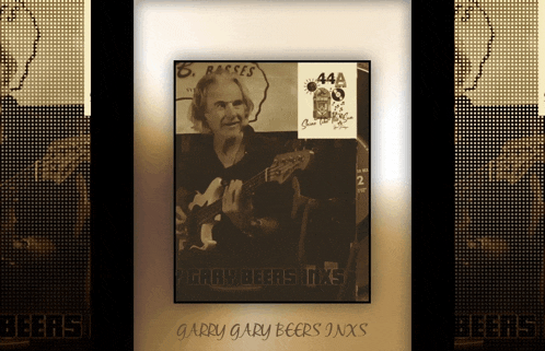 a picture of a man playing a guitar with the words garry gary beers on the bottom