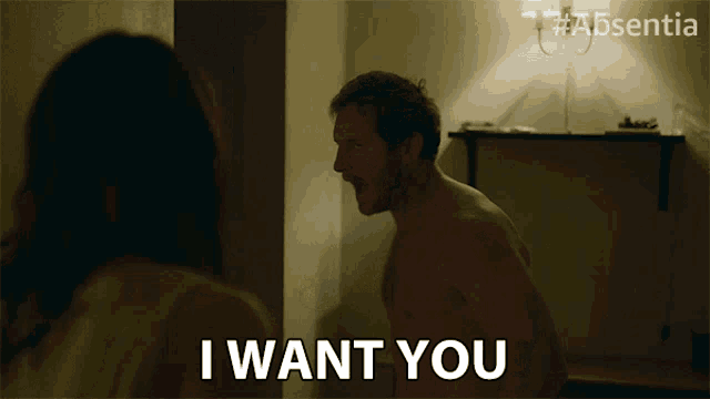 a shirtless man is screaming at a woman and says i want you