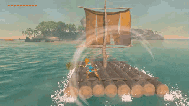a video game character on a raft in the water