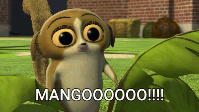 a cartoon squirrel is standing in a grassy field and says mangooooo
