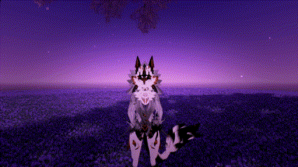 a wolf standing in a field of flowers with a purple sky in the background