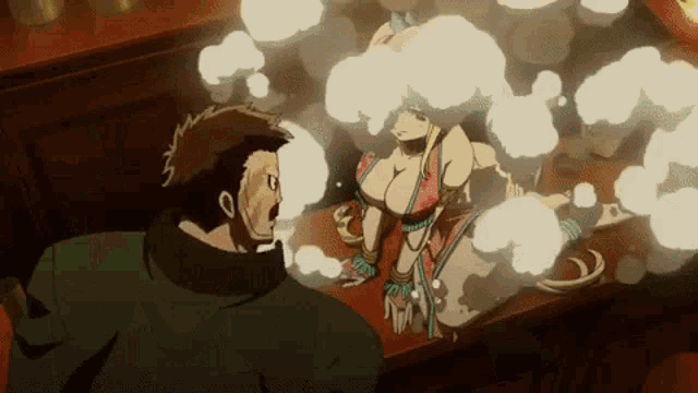 a man and a woman are standing next to each other on a table .