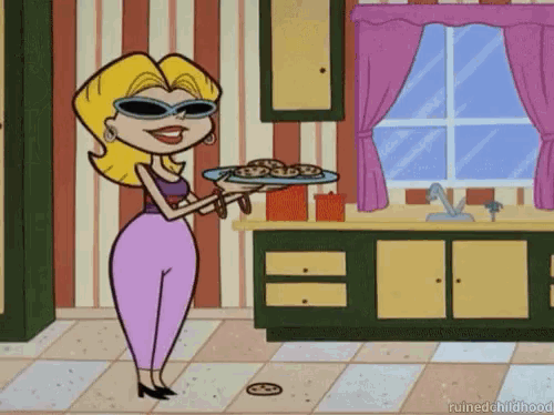 a cartoon character is holding a plate of cookies in a kitchen
