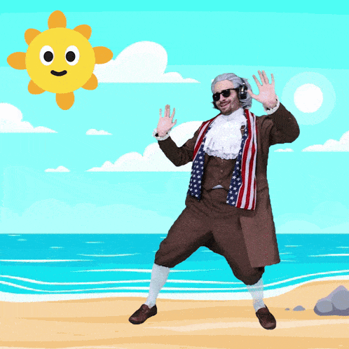 a man in an american flag costume stands on a beach with a sun in the background