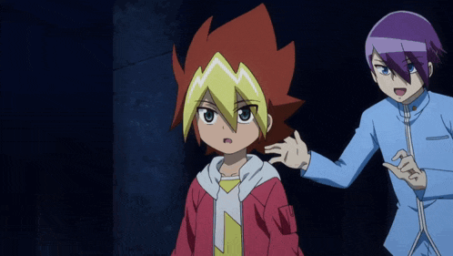 a boy with red hair and purple hair stands next to another boy