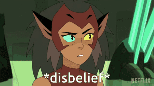a cartoon character with the word disbelief on the bottom right