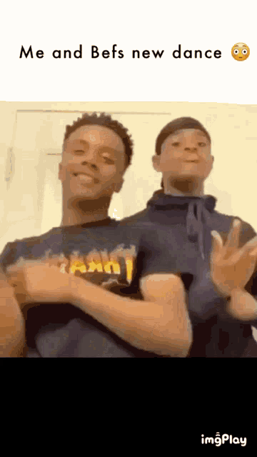 two young men are dancing together in a room and the caption says me and befs new dance