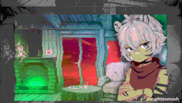 a pixel art drawing of a girl with a tiger 's head and the words photomosh on the bottom