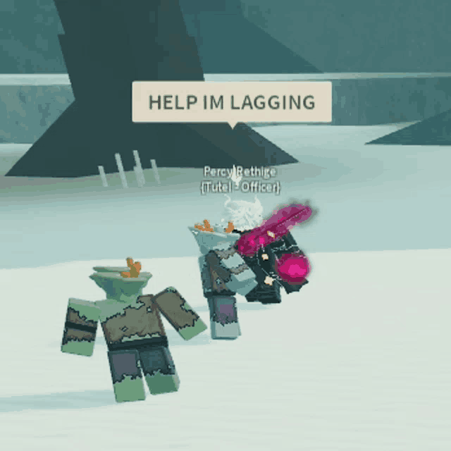 a screenshot of a video game with a speech bubble that says " help im lagging "