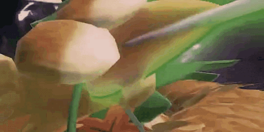 a close up of a video game character with a green leaf and a white ball .