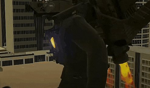 a giant monster is destroying a city in a video game while holding a flamethrower .