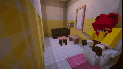 two minecraft characters are standing in a room with a mirror