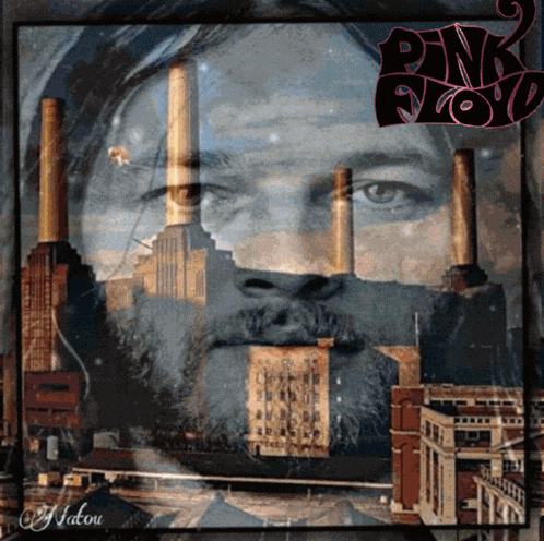 a pink floyd album cover with a man 's face and buildings