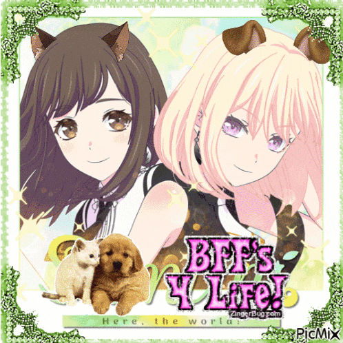 two anime girls are standing next to each other and the words bff 's 4 life are on the bottom