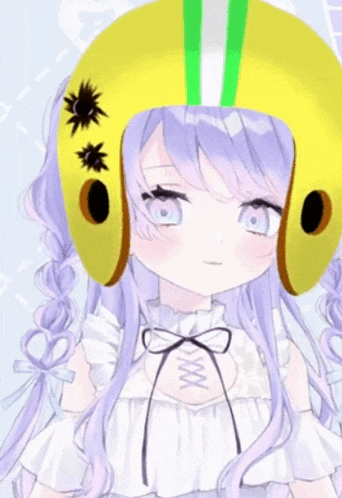 a girl with purple hair and a yellow helmet on