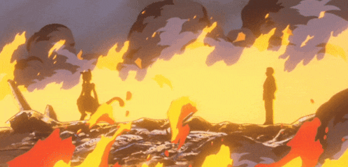 a painting of a man standing in front of a huge fire