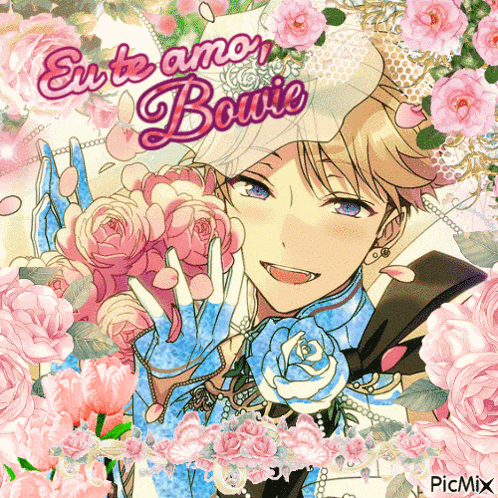 a picture of a boy surrounded by pink flowers with the words eu te amor bowie