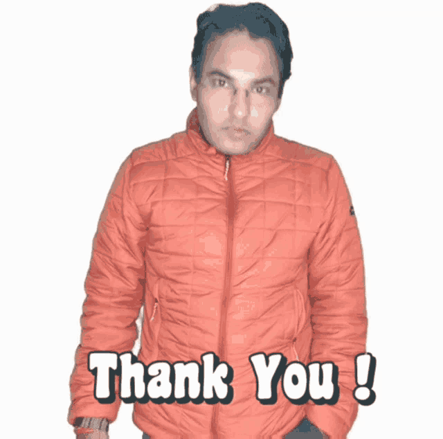 a man wearing an orange jacket with the words thank you written on it