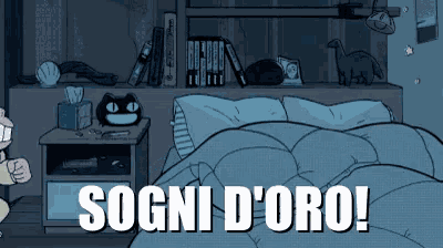 a cartoon drawing of a bedroom with the words sogni d' oro written on the bottom