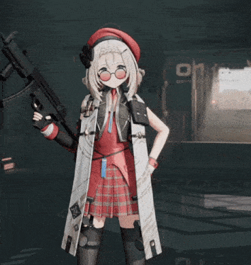 a girl in a plaid skirt is holding a red hat and a rifle