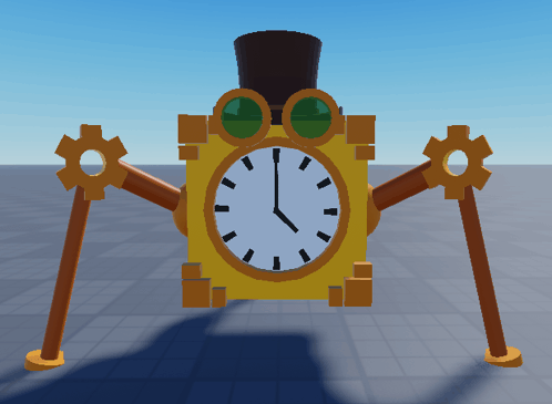 a clock with a top hat and goggles shows that it is almost 5:00