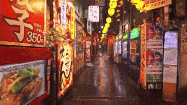 a narrow alleyway with a sign that says 350 yen