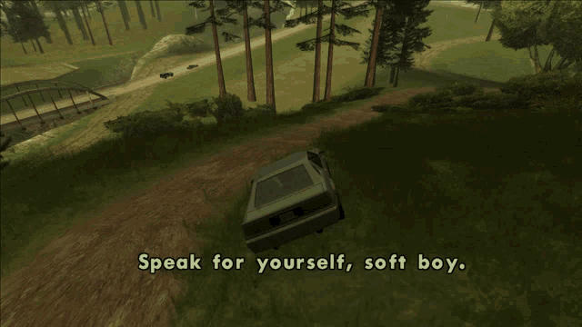 a car is driving down a dirt road with the words speak for yourself soft boy above it